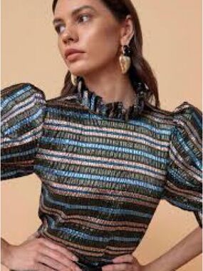 Hunter Bell Stella Metallic Festive Stripe Puff Sleeve Top M MSRP $375
